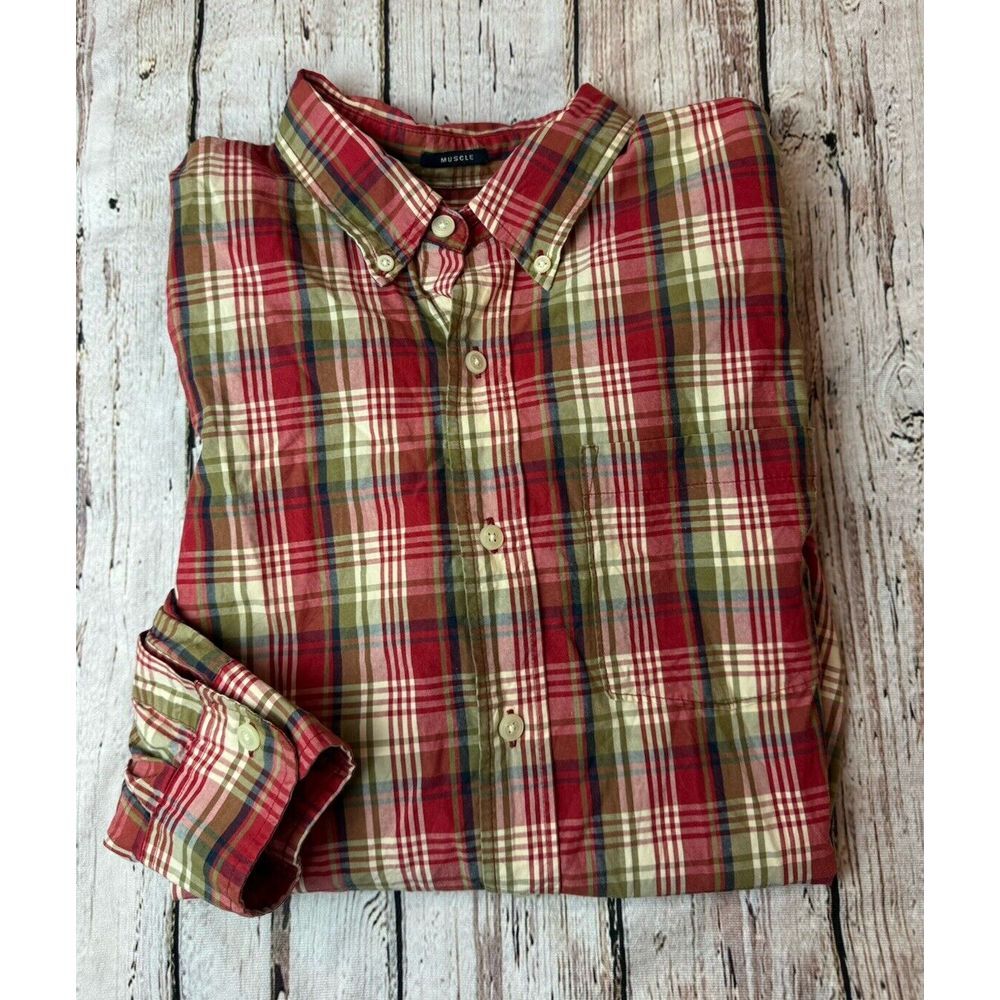 Vintage 90's Abercrombie & Fitch Muscle Plaid Shirt Men's L Green Red Button‎ Up